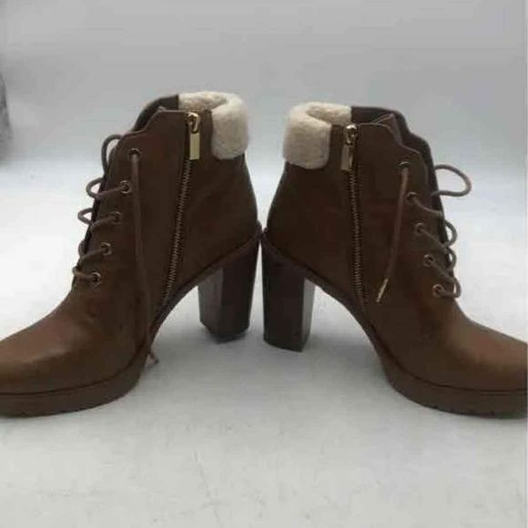 Michael Kors MK Designer Kim Brown Leather Lace Up Block Heel Booties Size US 10 - Picture 4 of 8